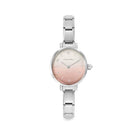 Silver watch with a pink gradient face on a white background