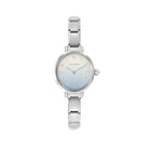 Silver watch with a light blue gradient dial on a white background