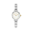 Silver watch with a white face and gold accents on a white background