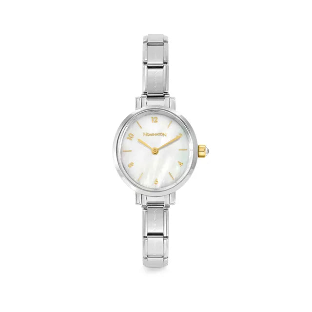 Silver watch with a white face and gold accents on a white background