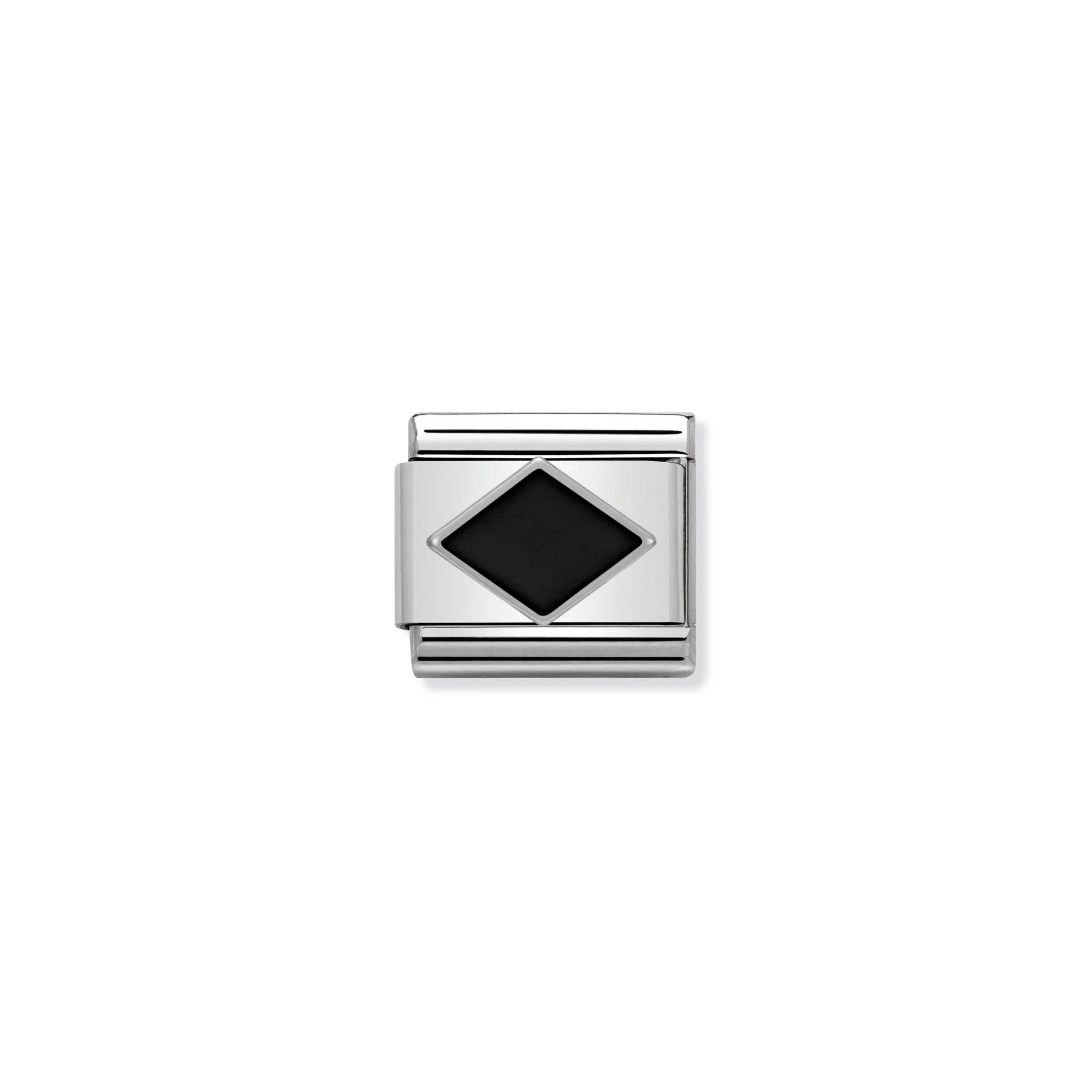 Silver charm with a black rhombus on a white background