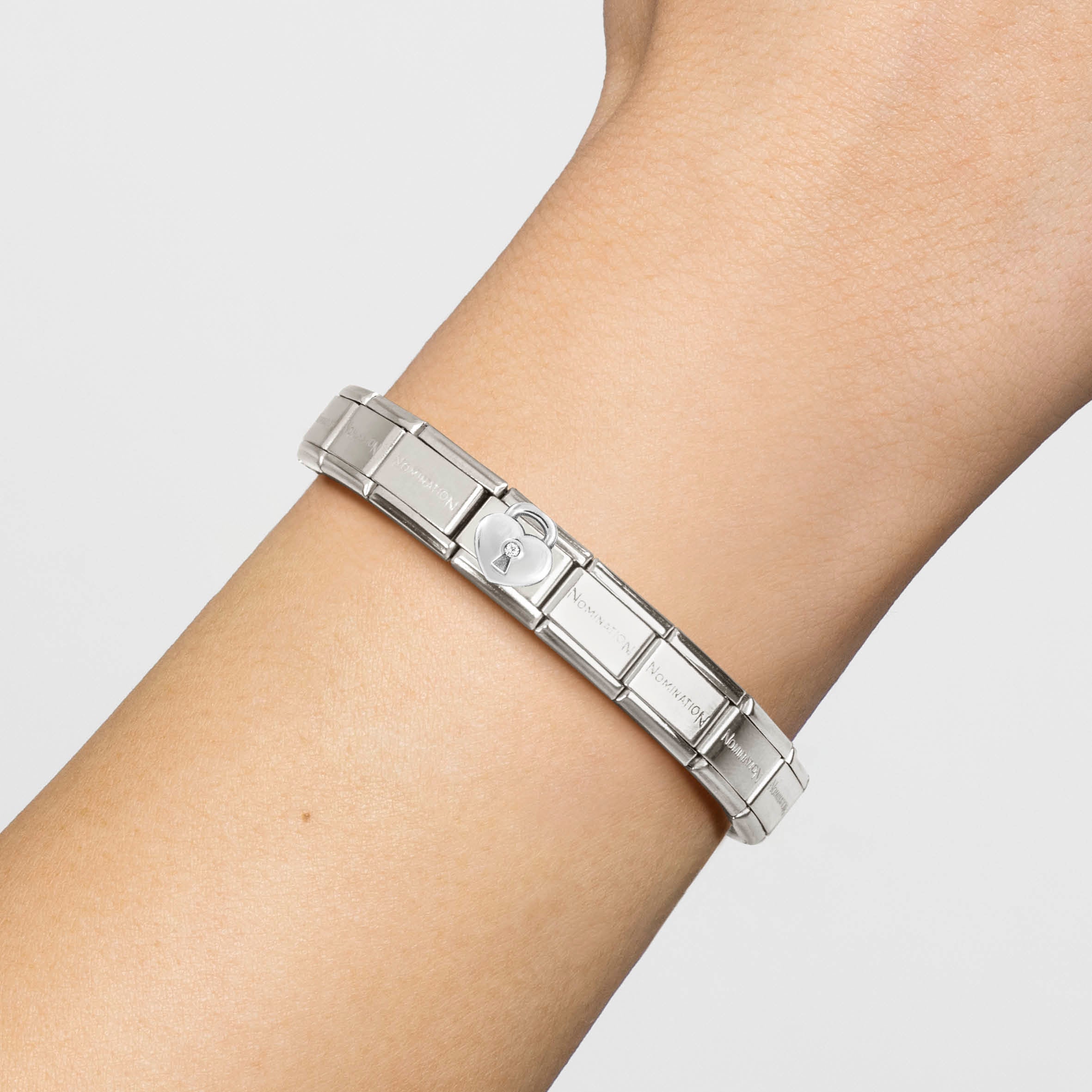 Composable® Link, Charm, silver Heart Padlock & Cubic Zirconia in hypoallergenic stainless steel, sterling silver .925 and cubic zirconia | Nomination Italy