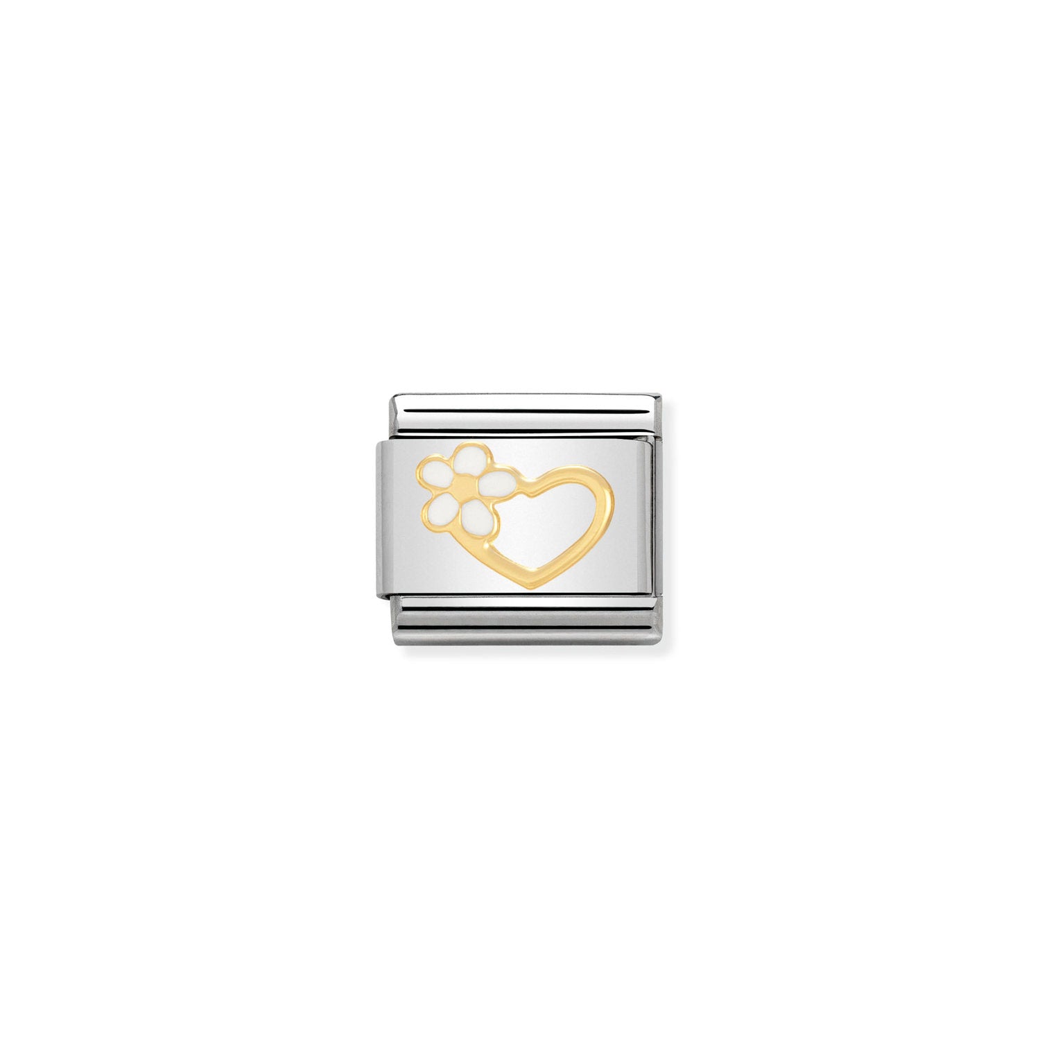 Composable® Link, Charm, White Heart with Flower in hypoallergenic stainless steel, gold 18 kt and enamel | Nomination Italy