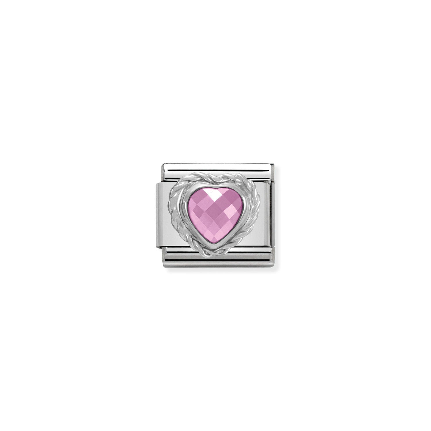 Composable® Link, Charm, Heart-shaped Faceted Pink Stone and silver in hypoallergenic stainless steel, sterling silver .925 and cubic zirconia | Nomination Italy