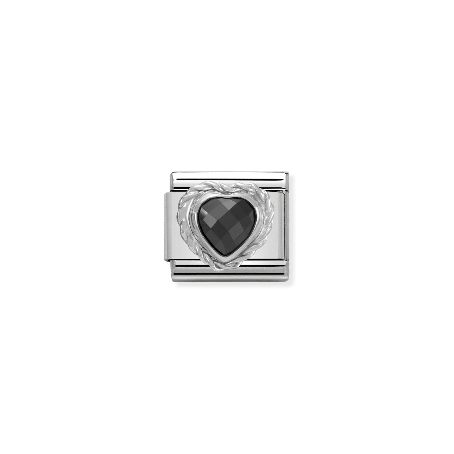 Classic Composable® Link, Link Heart-shaped Faceted Black Stone and silver in hypoallergenic stainless steel, sterling silver .925 and cubic zirconia | Nomination Italy