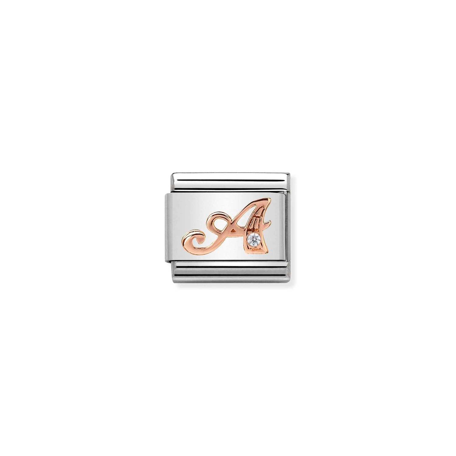 Composable® Link, Charm, Letter A In rose gold and Cubic Zirconia in hypoallergenic stainless steel, rose gold 9kt, and cubic zirconia | Nomination Italy