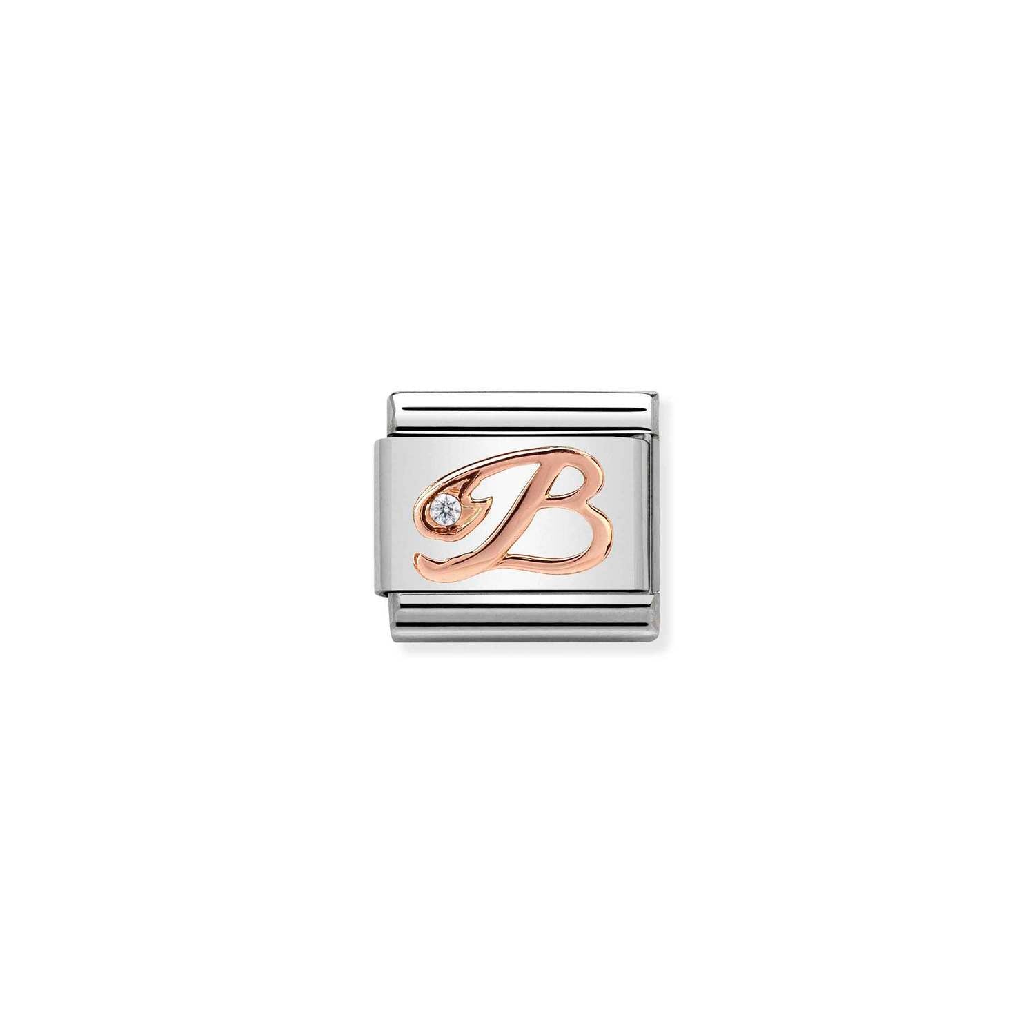Composable® Link, Charm, Letter B In rose gold and Cubic Zirconia in hypoallergenic stainless steel, rose gold 9kt, and cubic zirconia | Nomination Italy