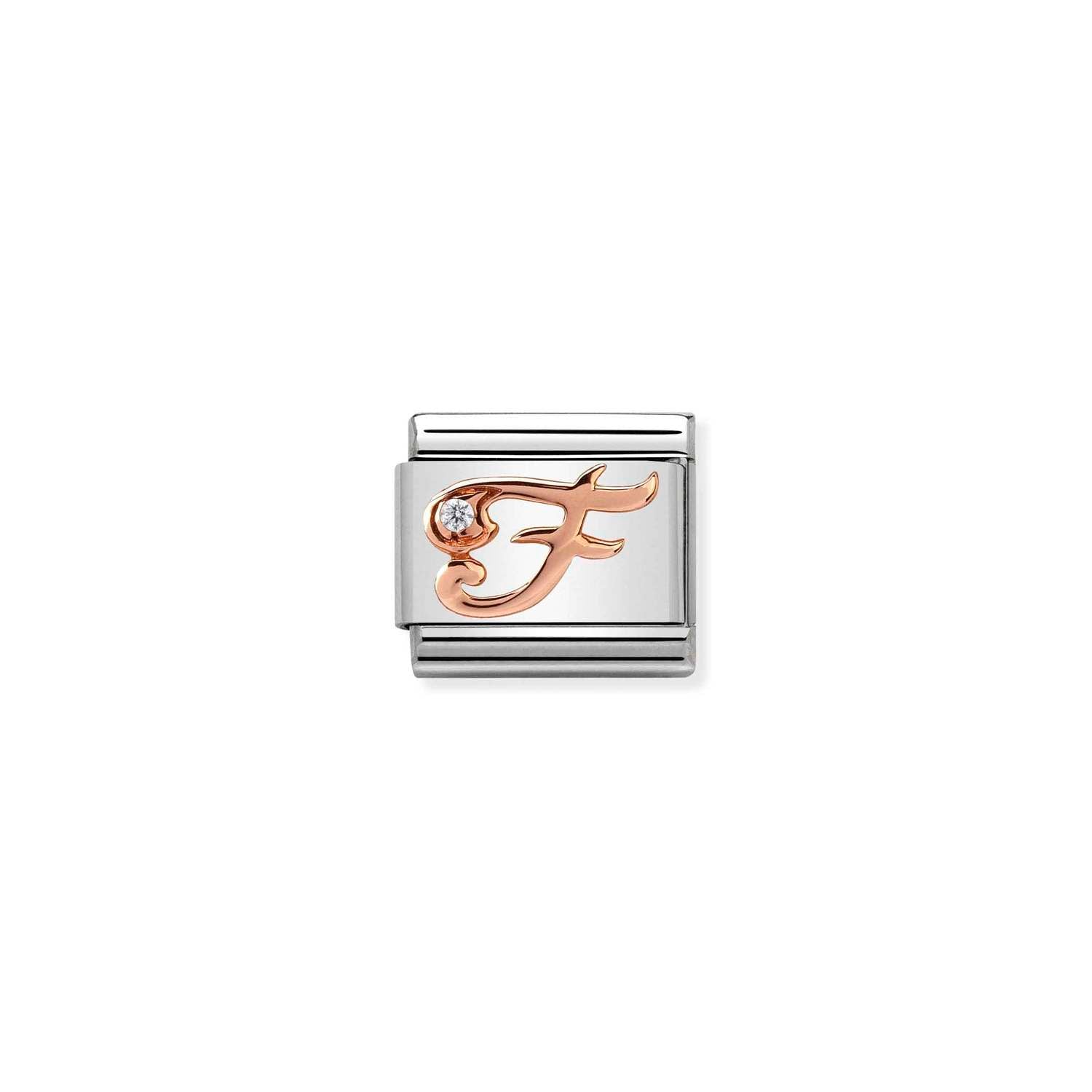 Composable® Link, Charm, Letter F In rose gold and Cubic Zirconia in hypoallergenic stainless steel, rose gold 9kt, and cubic zirconia | Nomination Italy
