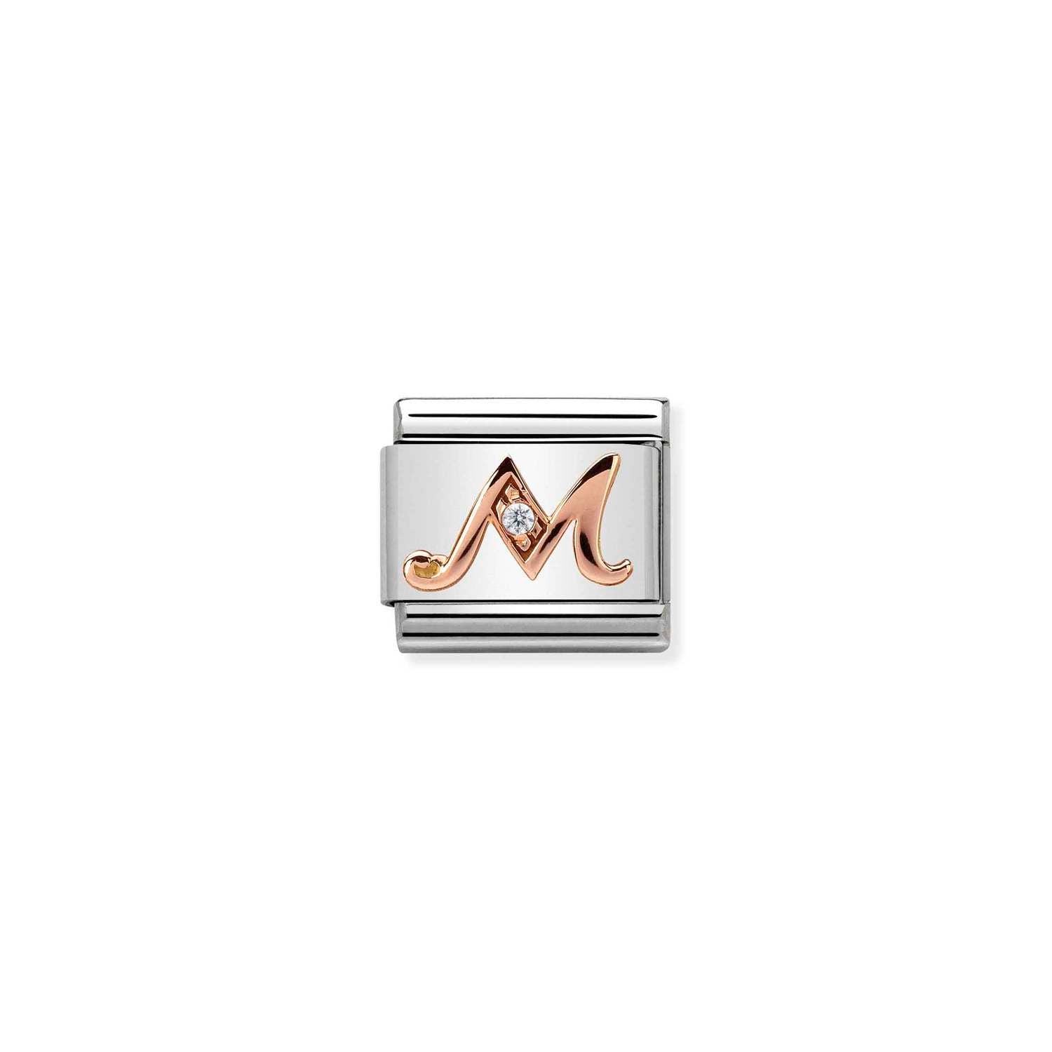 Composable® Link, Charm, Letter M In rose gold and Cubic Zirconia in hypoallergenic stainless steel, rose gold 9kt, and cubic zirconia | Nomination Italy