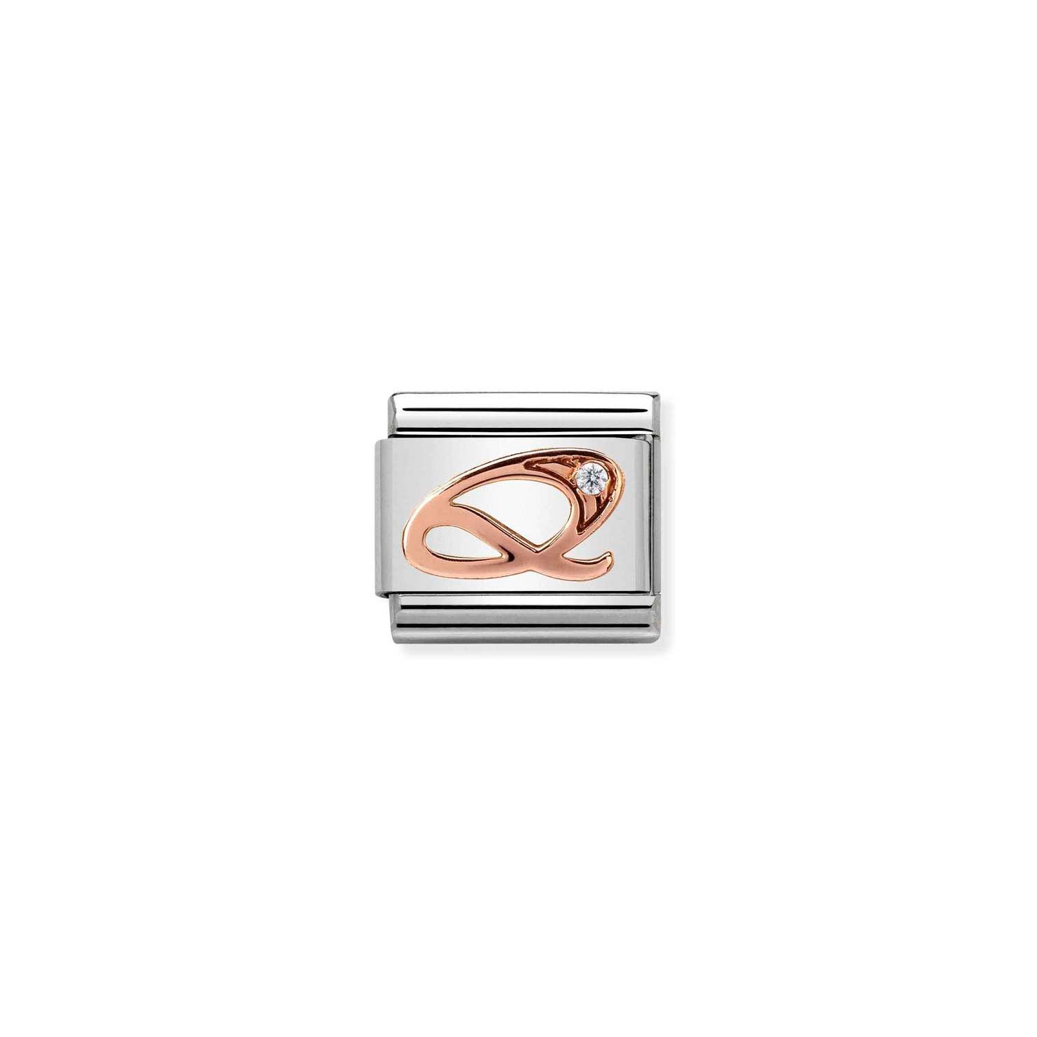 Composable® Link, Charm, Letter Q In rose gold and Cubic Zirconia in hypoallergenic stainless steel, rose gold 9kt, and cubic zirconia | Nomination Italy