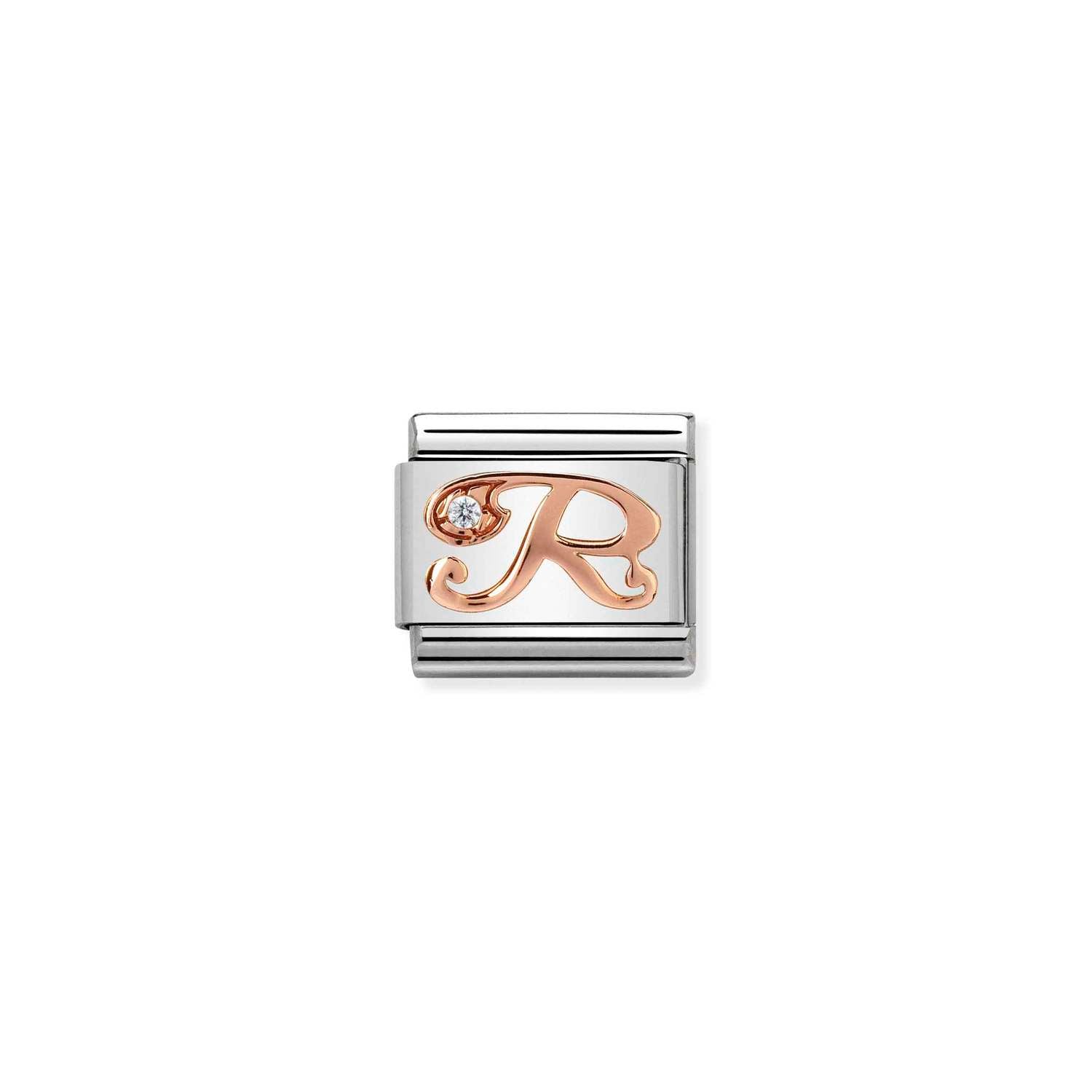 Composable® Link, Charm, Letter R In rose gold and Cubic Zirconia in hypoallergenic stainless steel, rose gold 9kt, and cubic zirconia | Nomination Italy
