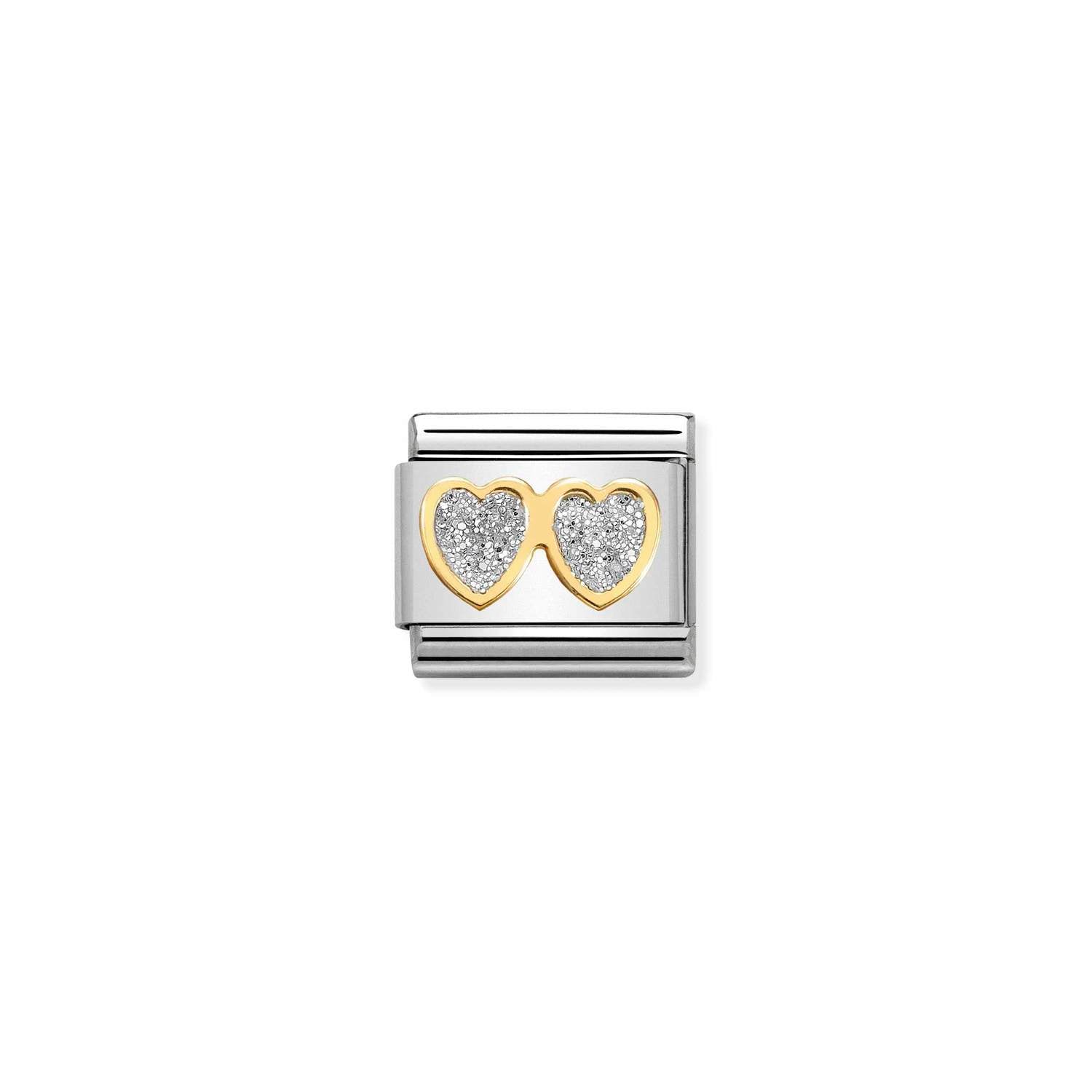 Composable® Link, Charm, Double Hearts Glitter in hypoallergenic stainless steel, gold 18 kt and enamel | Nomination Italy