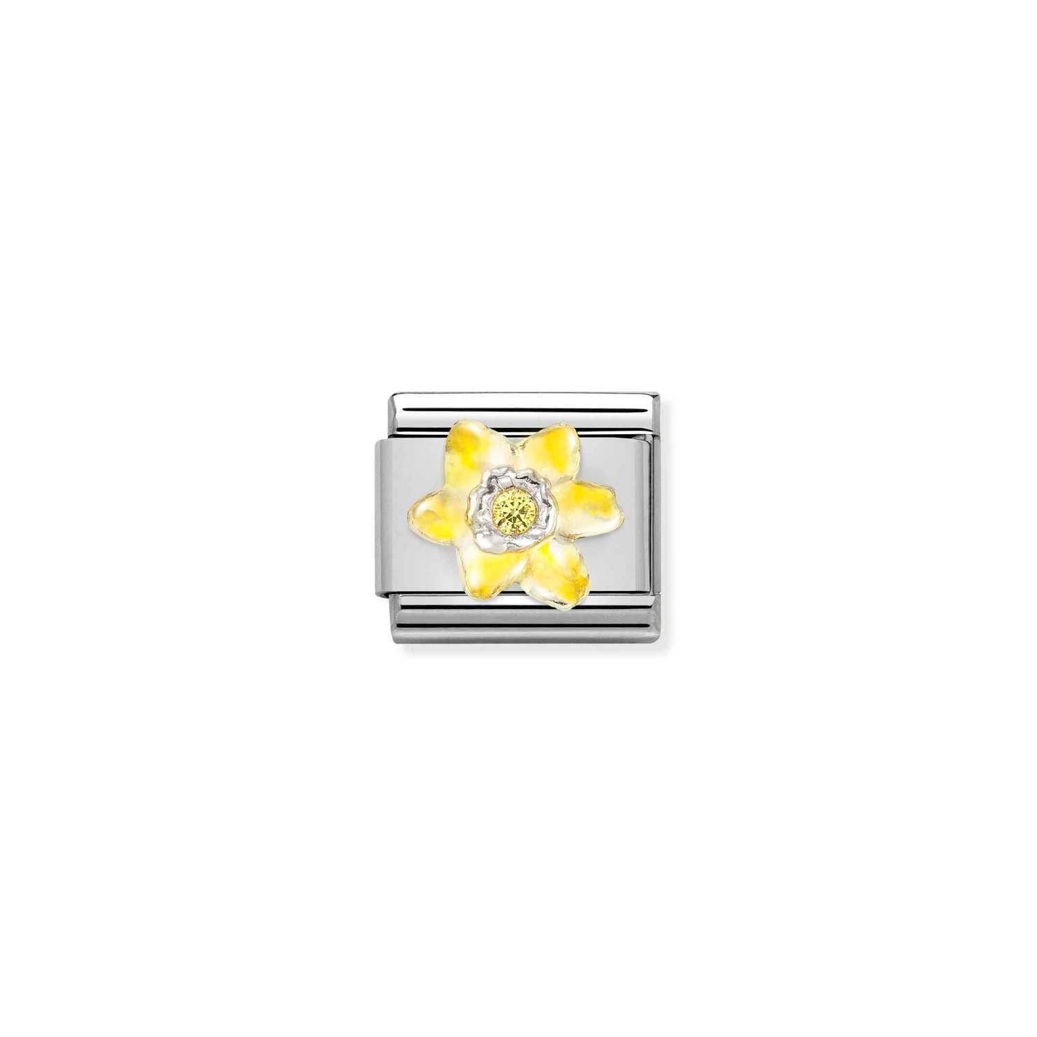 Composable® Link, Charm, Daffodil in hypoallergenic stainless steel, sterling silver .925, yellow enamel and cubic zirconia | Nomination Italy