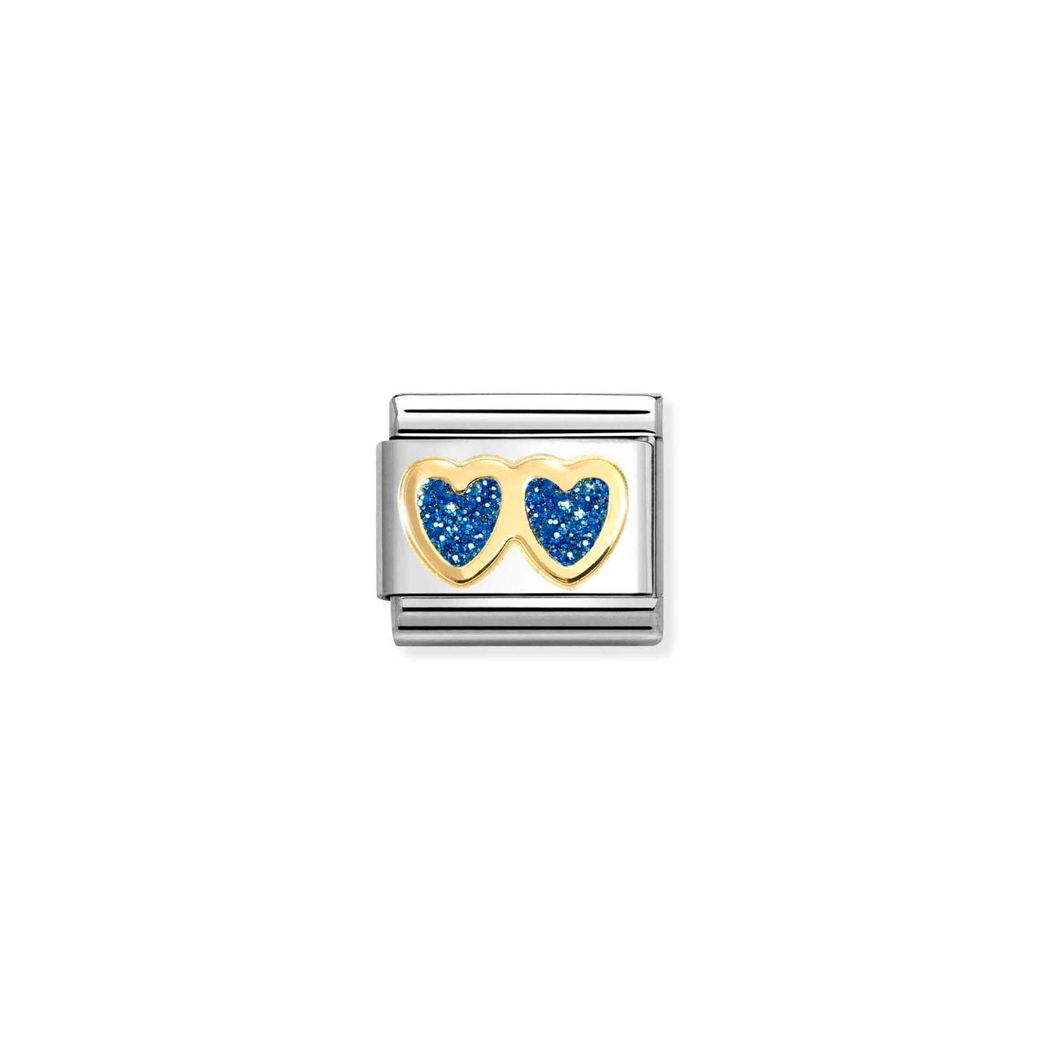 Composable® Link, Charm, Double Heart, Blue Glitter in hypoallergenic stainless steel, gold 18 kt and enamel | Nomination Italy