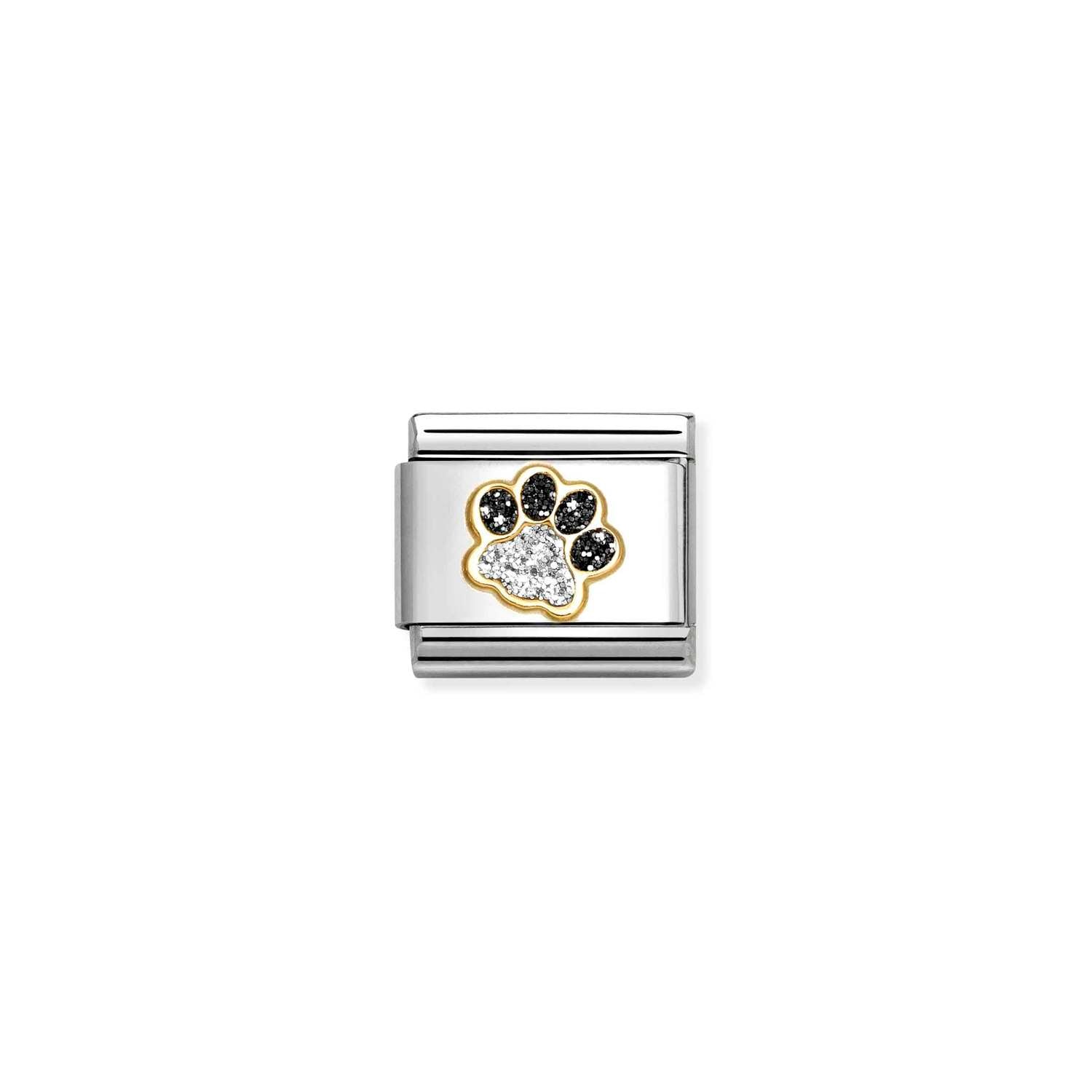 Composable® Link, Charm, Paw Print, Black & silver Glitter in hypoallergenic stainless steel, gold 18 kt and enamel | Nomination Italy