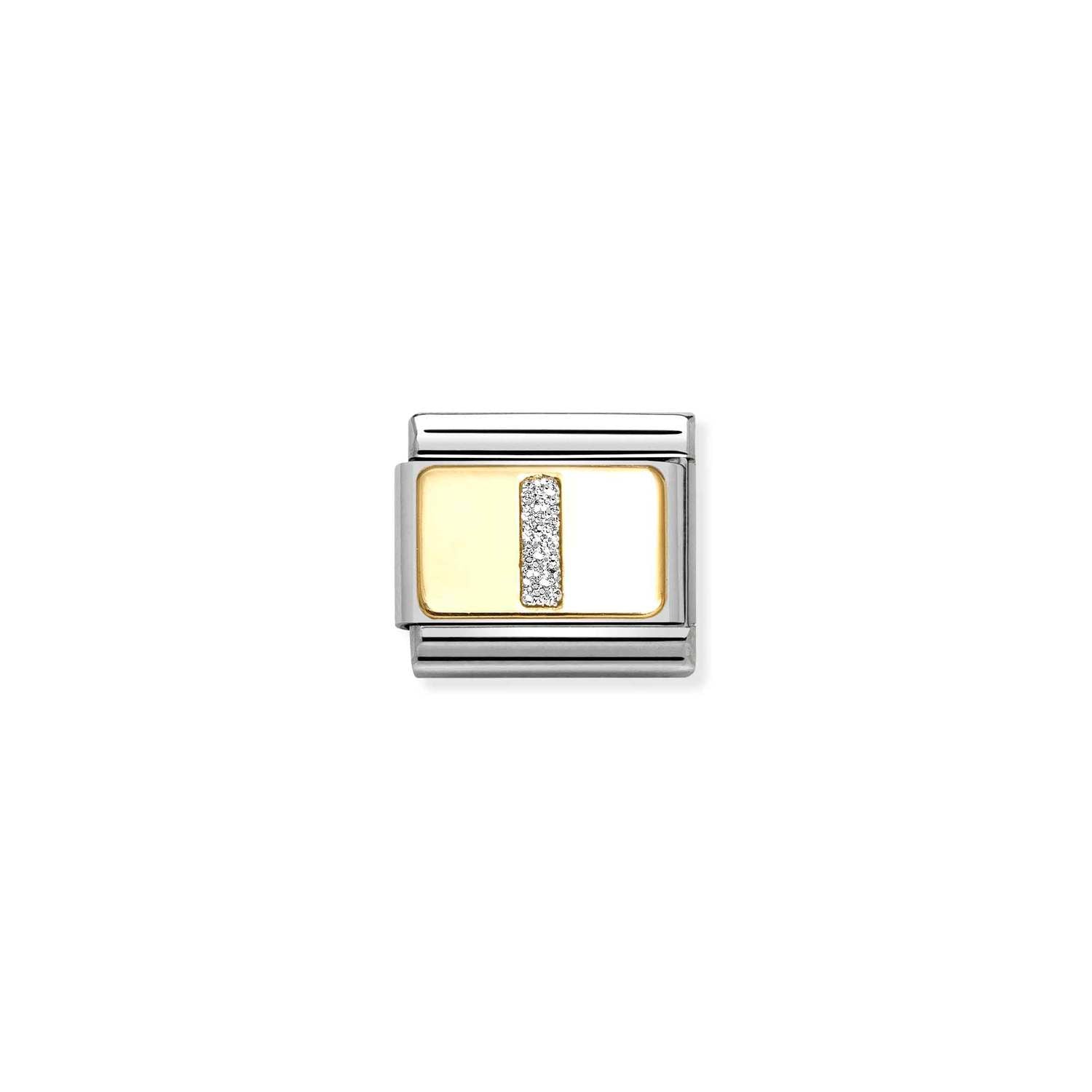 Composable® Link, Charm, Letter I, silver Glitter in hypoallergenic stainless steel, gold 18 kt and enamel | Nomination Italy