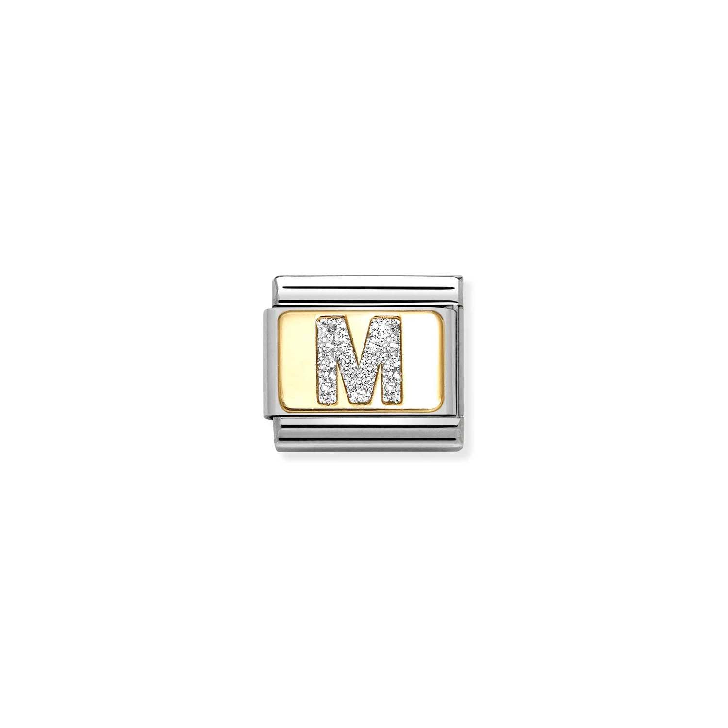 Composable® Link, Charm, Letter M, silver Glitter in hypoallergenic stainless steel, gold 18 kt and enamel | Nomination Italy