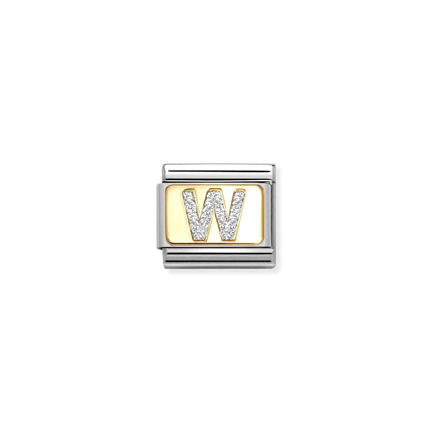 Composable® Link, Charm, Letter W, silver Glitter in hypoallergenic stainless steel, gold 18 kt and enamel | Nomination Italy
