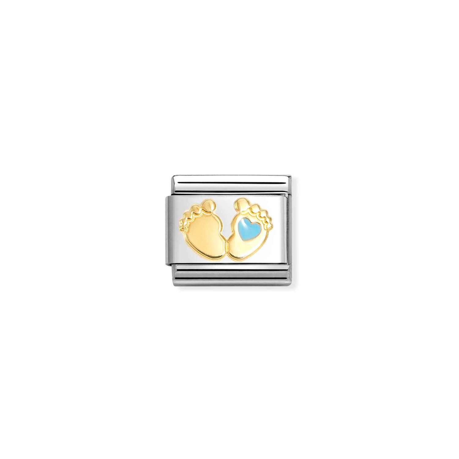Composable® Link, Charm, Baby Feet,light Blue Heart in hypoallergenic stainless steel, gold 18 kt and enamel | Nomination Italy