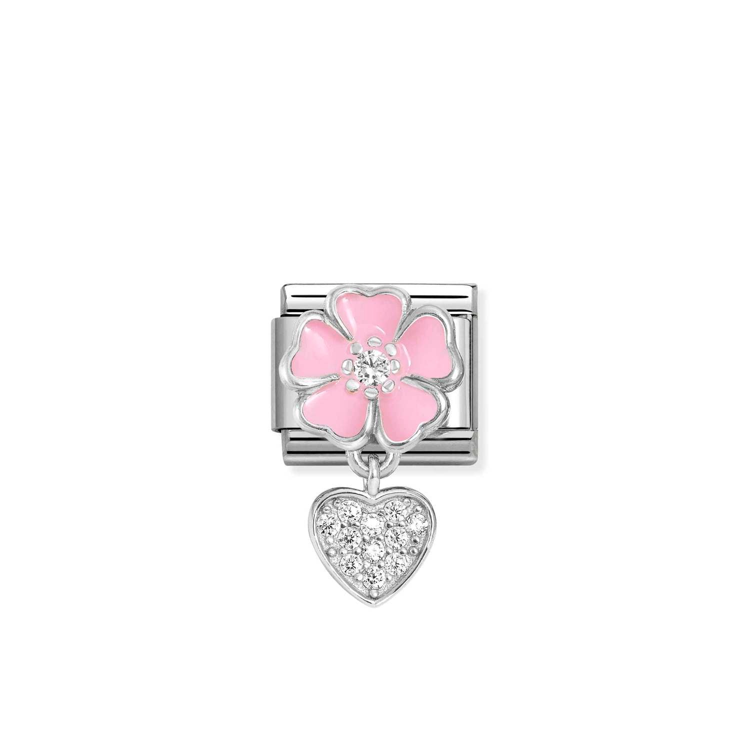 Composable® Link, Charm, silver, Flower and Heart in hypoallergenic stainless steel, sterling silver .925 and cubic zirconia | Nomination Italy