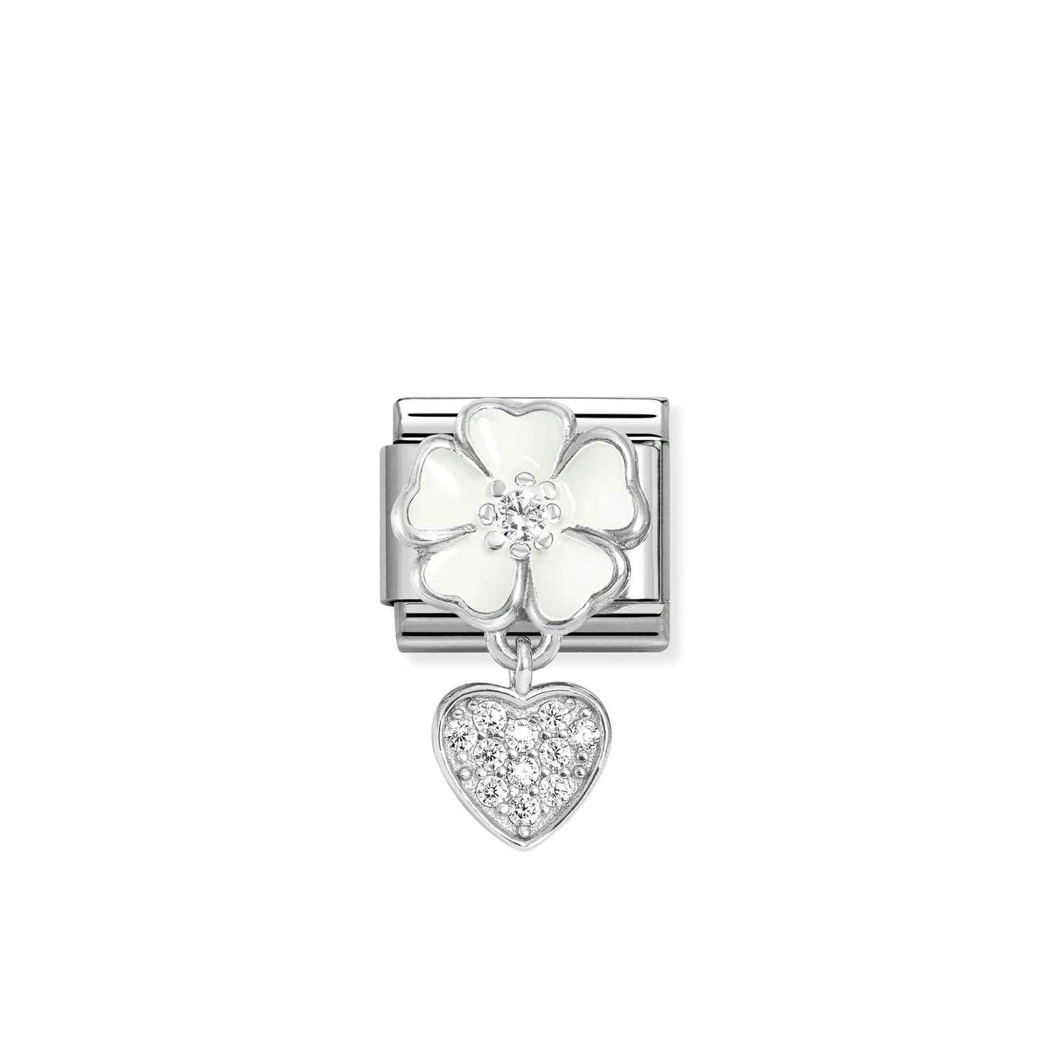 Composable® Link, Charm, White Flower, Heart in hypoallergenic stainless steel, sterling silver .925 and cubic zirconia | Nomination Italy