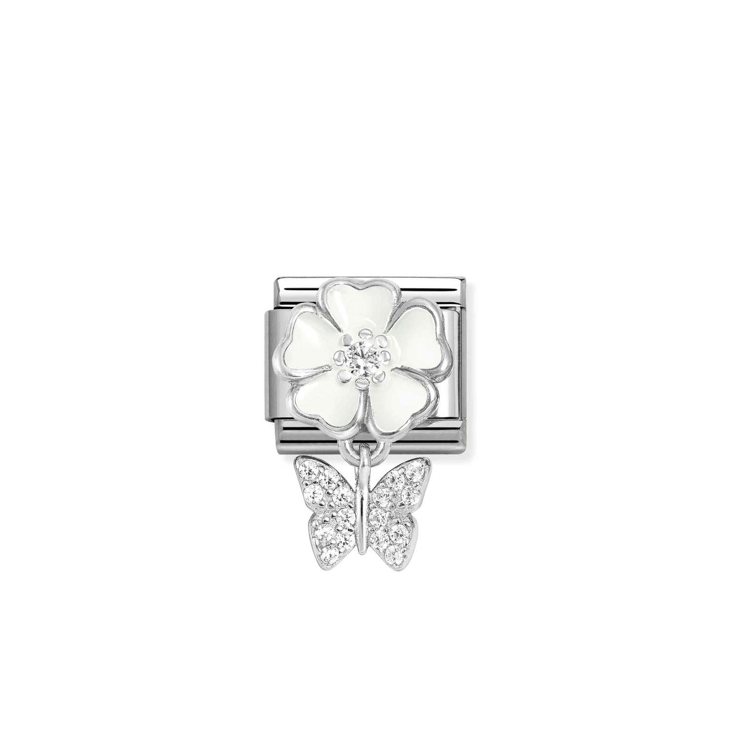 Composable® Link, Charm, White Flower, Butterfly in hypoallergenic stainless steel, sterling silver .925 and cubic zirconia | Nomination Italy