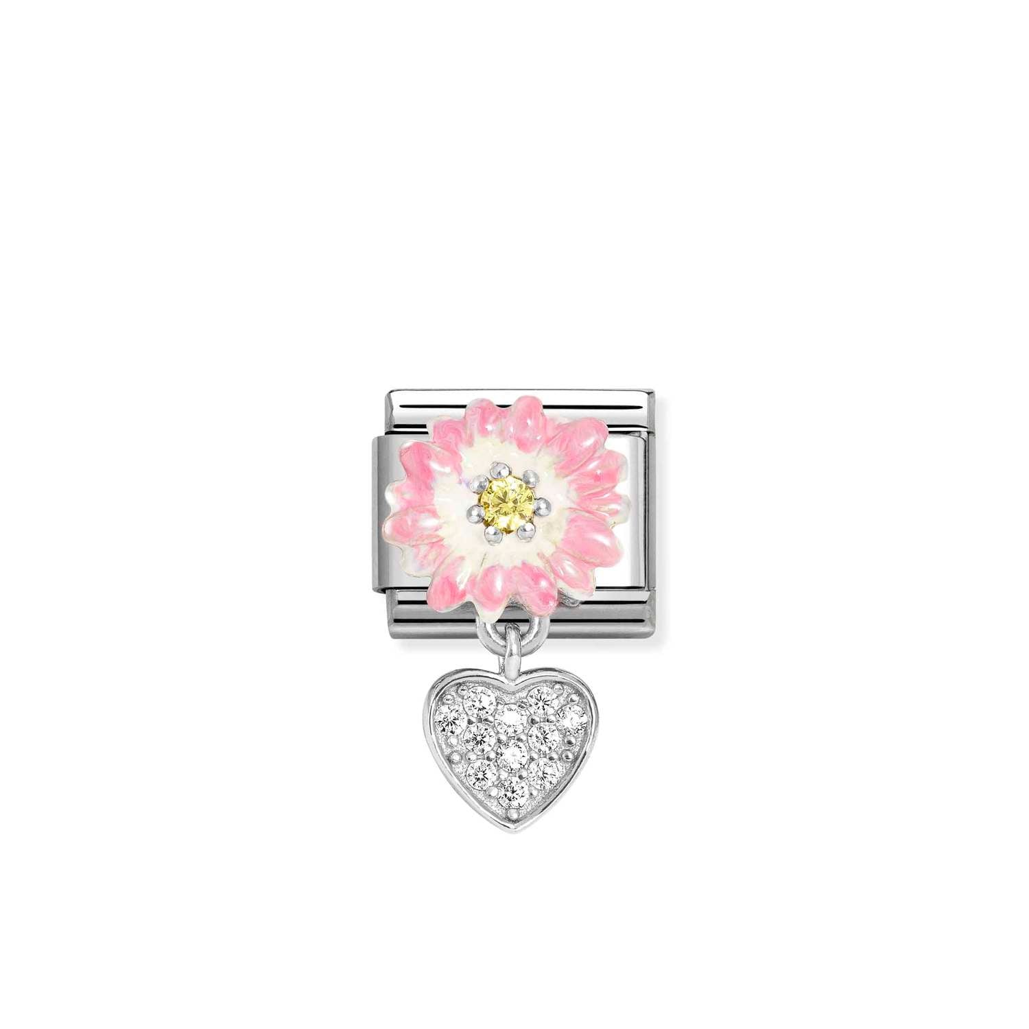 Composable® Link, Charm, Flower,yellow Cubic Zirconia,heart in hypoallergenic stainless steel, sterling silver .925 and cubic zirconia | Nomination Italy