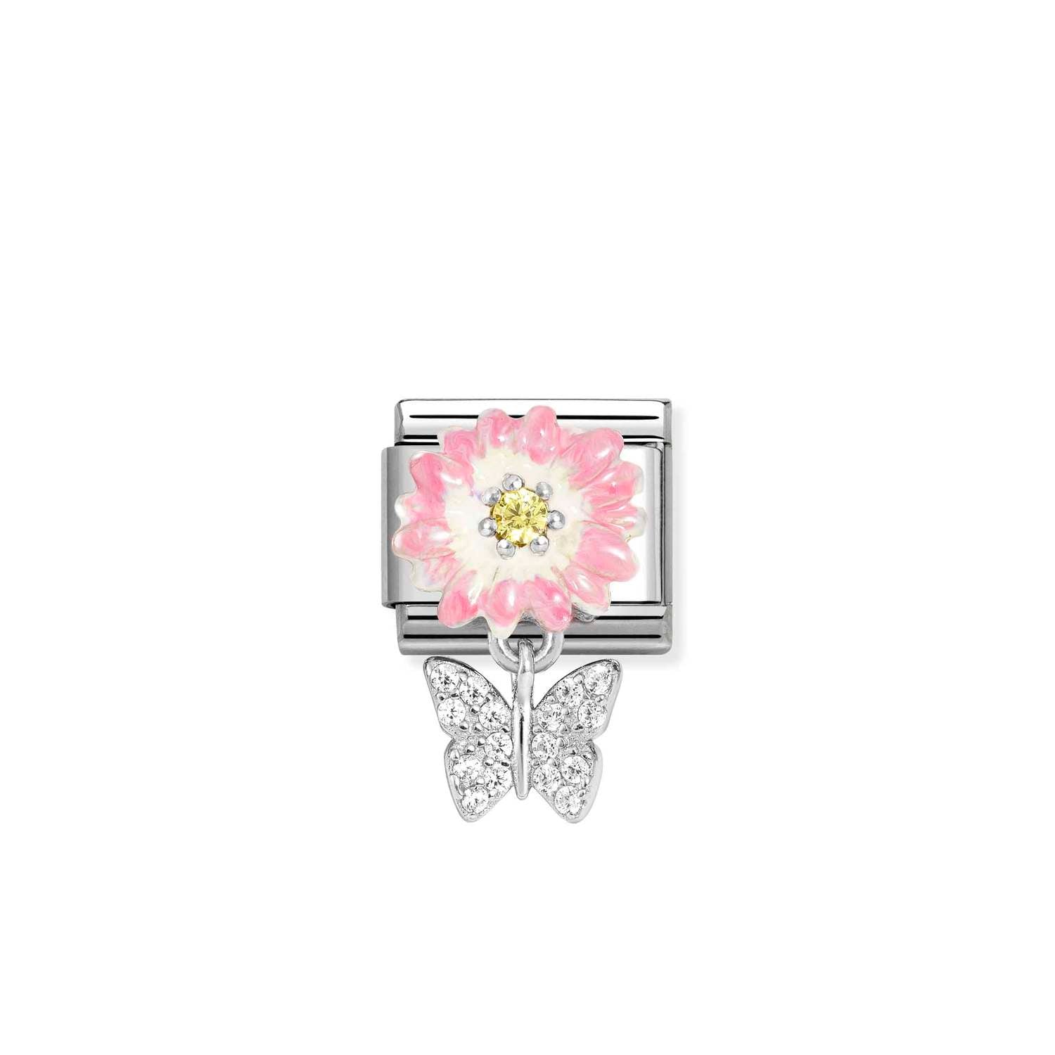 Composable® Link, Charm, Flower, Yellow Cubic Zirconia, Butterfly in hypoallergenic stainless steel, sterling silver .925 and cubic zirconia | Nomination Italy