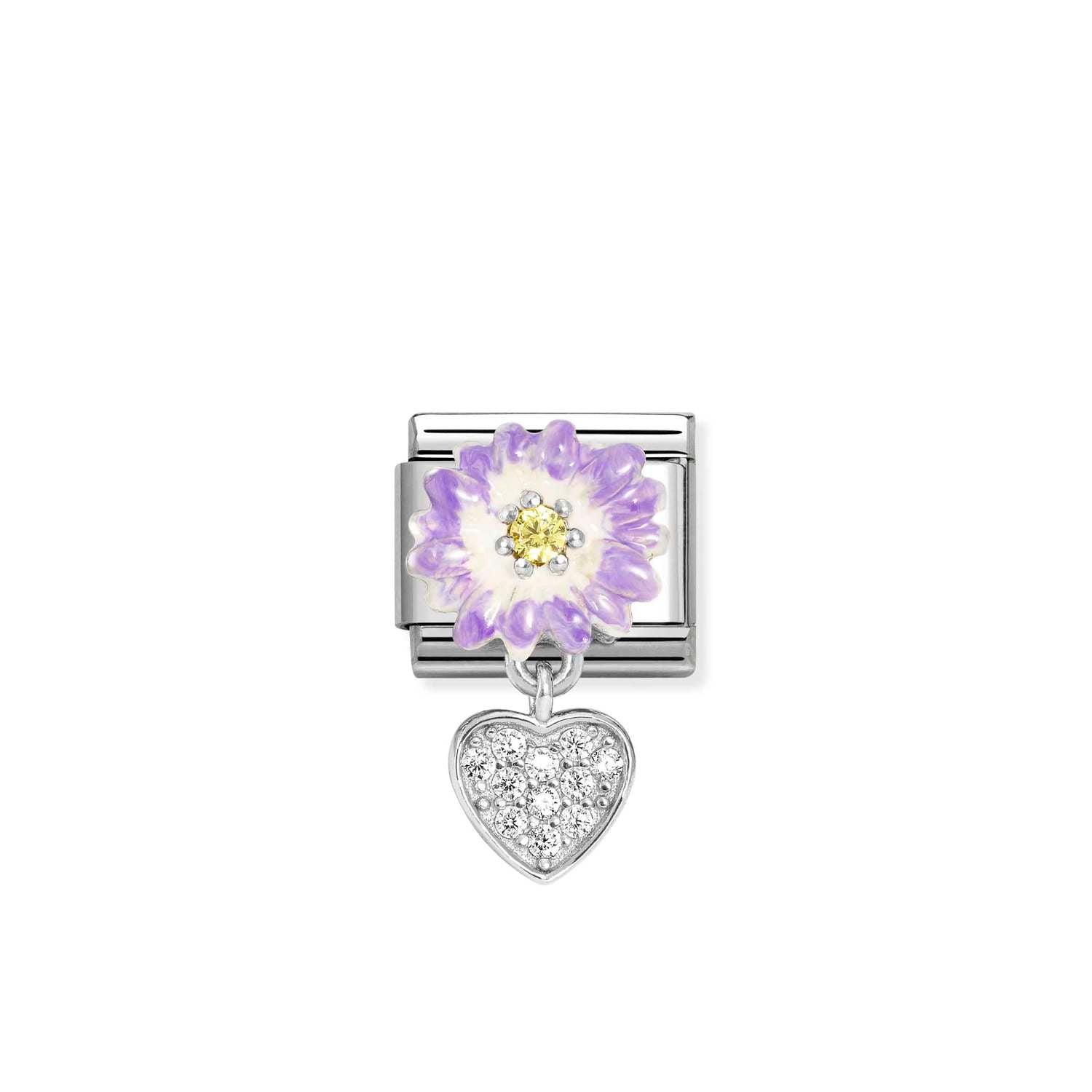 Composable® Link, Charm, Purple Flower, Heart in hypoallergenic stainless steel, sterling silver .925 and cubic zirconia | Nomination Italy