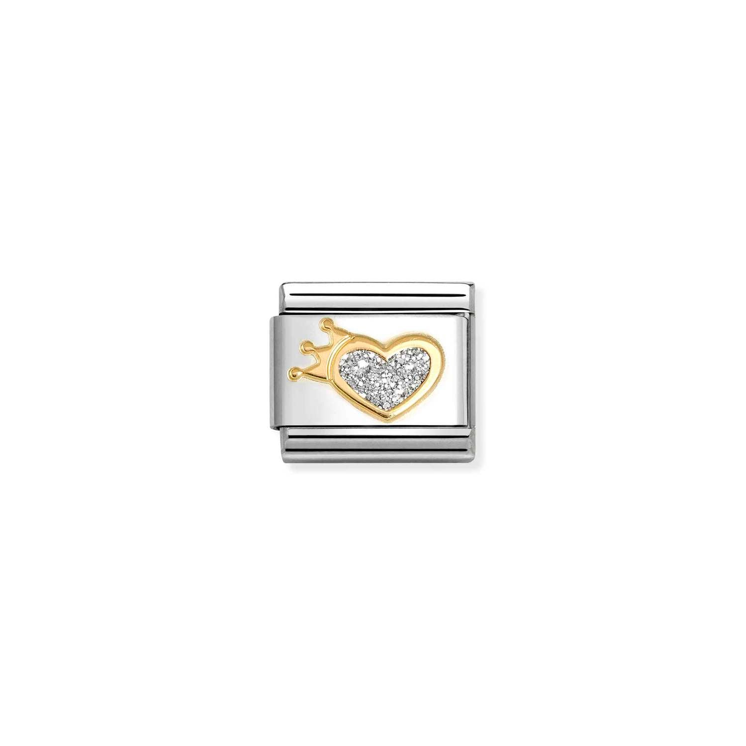 Composable® Link, Charm, Glitter Heart with Crown in hypoallergenic stainless steel, gold 18 kt and enamel | Nomination Italy