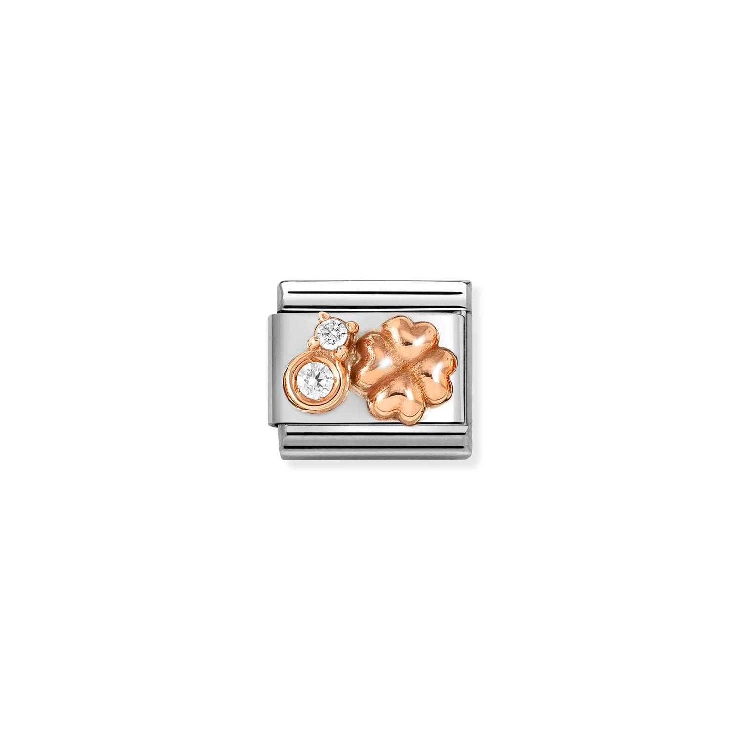 Composable® Link, Charm, Four-leaf Clover, 2 Cubic Zirconia in hypoallergenic stainless steel, rose gold 9kt, and cubic zirconia | Nomination Italy