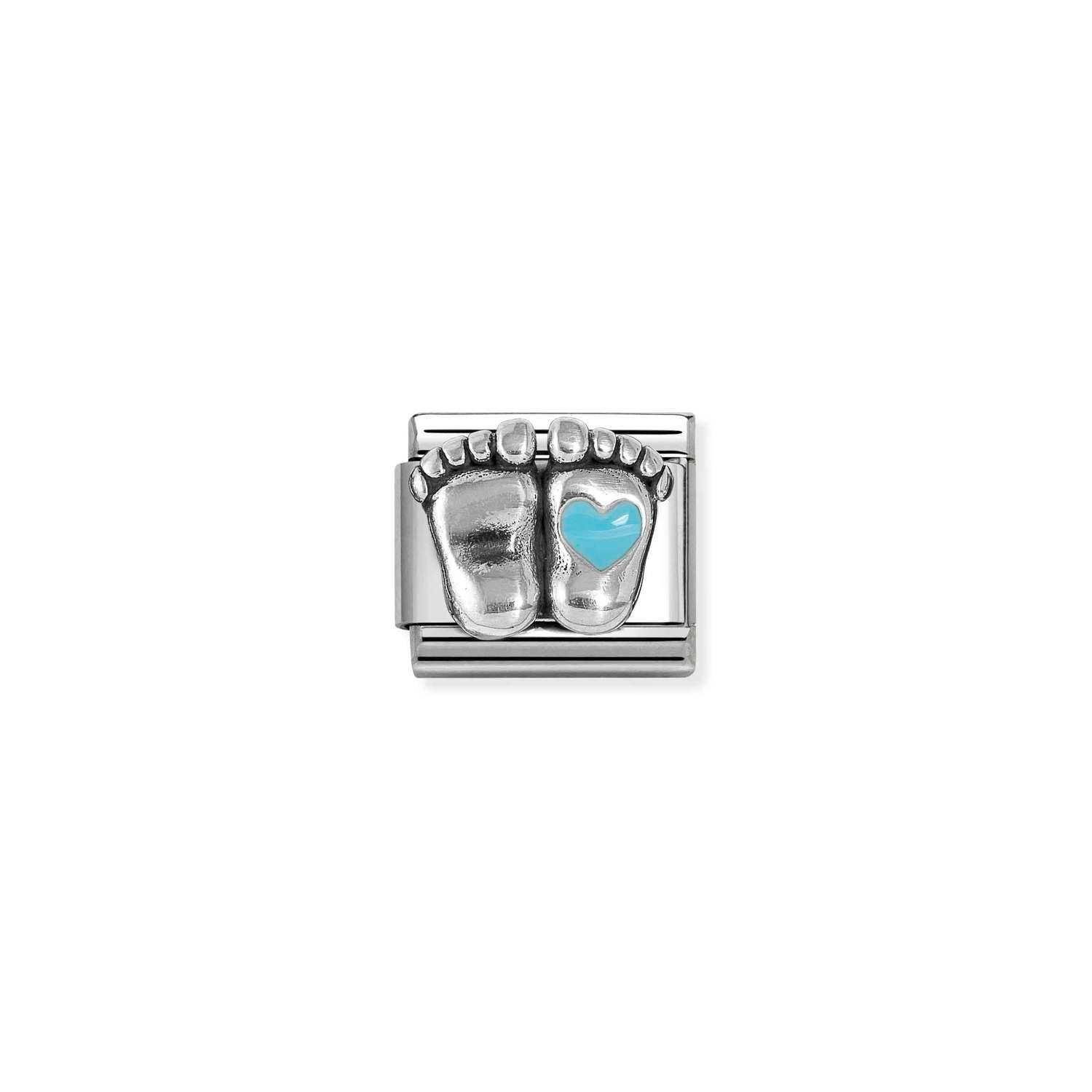 Composable® Link, Charm, Baby Feet, Light Blue Heart in hypoallergenic stainless steel, sterling silver .925 and enamel | Nomination Italy