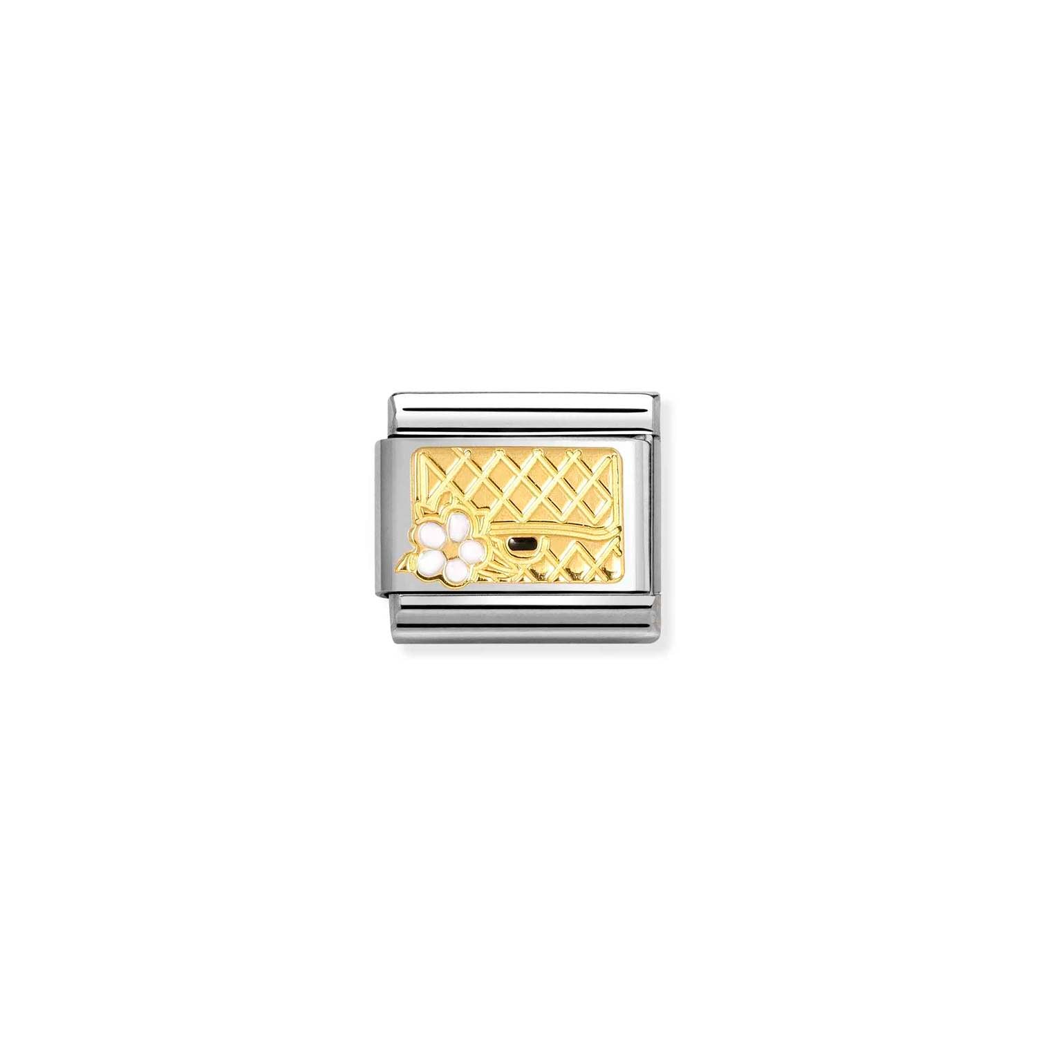 Composable® Link, Charm, Bag with Flower in hypoallergenic stainless steel, gold 18 kt and enamel | Nomination Italy