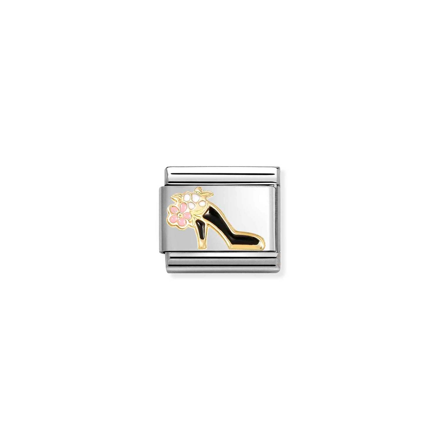 Composable® Link, Charm, High Heel Shoe Black in hypoallergenic stainless steel, gold 18 kt and enamel | Nomination Italy