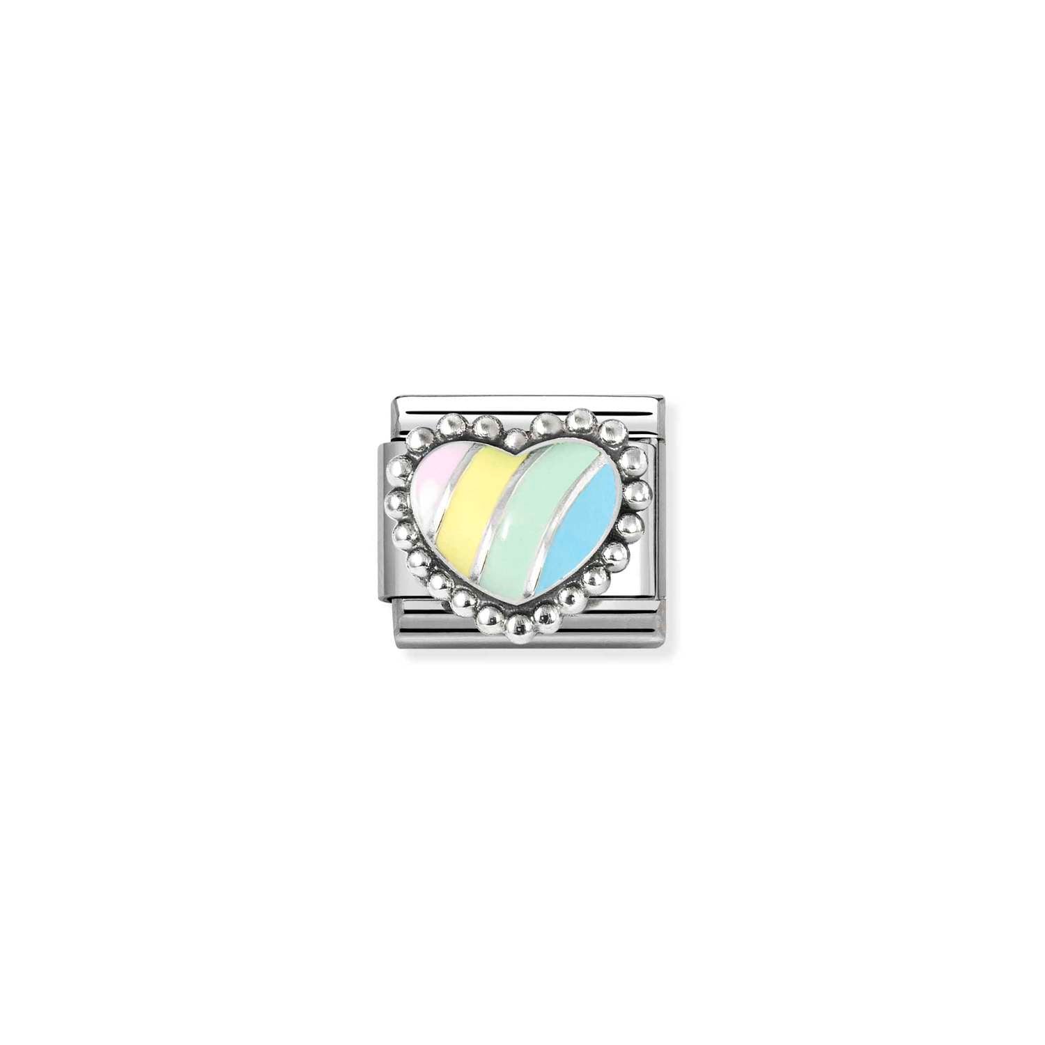 Composable® Link, Charm, Pastel Stripe Heart, Beaded Setting in hypoallergenic stainless steel, sterling silver .925 and enamel | Nomination Italy