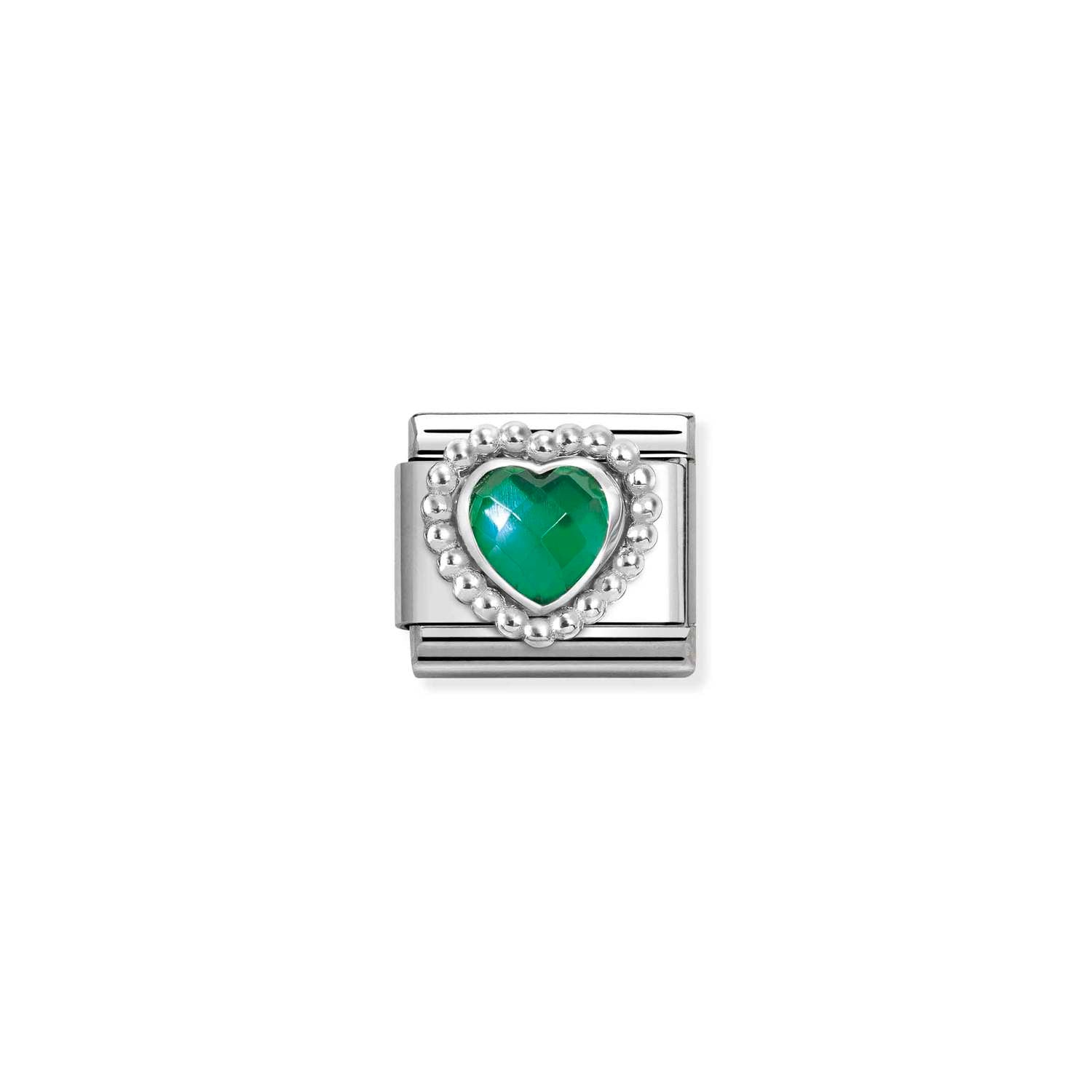 Composable® Link, Charm, Faceted Green Heart,beaded in hypoallergenic stainless steel, sterling silver .925 and cubic zirconia | Nomination Italy