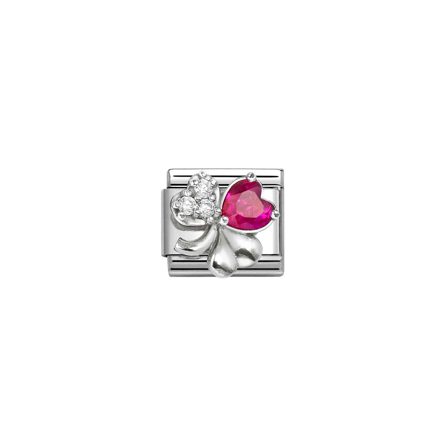 Composable® Link, Charm, Four-leaf Clover, White and Red in hypoallergenic stainless steel, sterling silver .925 and cubic zirconia | Nomination Italy