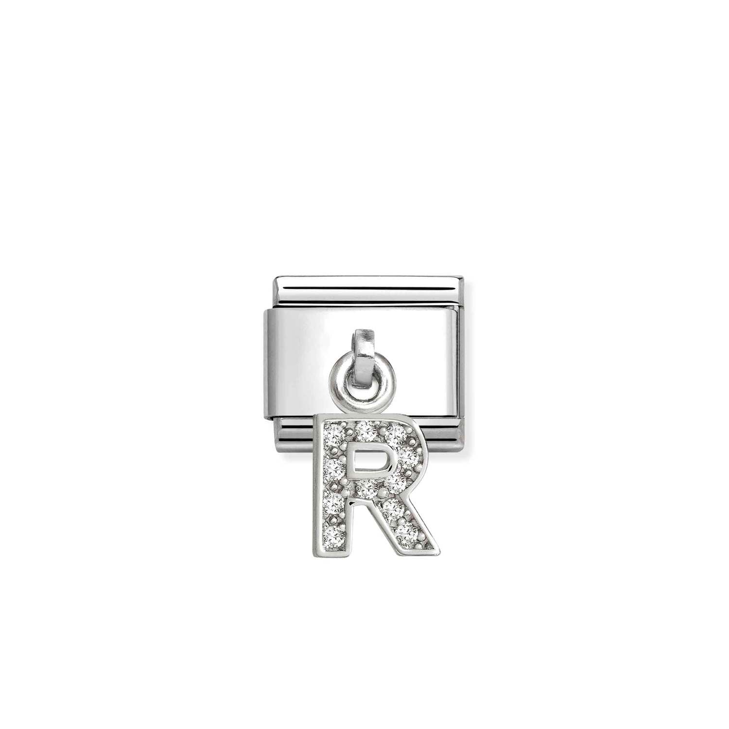 Composable® Link, Charm, Letter R Pendant, silver in hypoallergenic stainless steel, sterling silver .925 and cubic zirconia | Nomination Italy