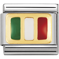 Italian flag charm with green, white, and red colors on a silver and gold background