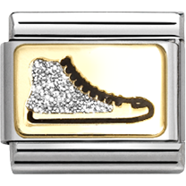 Gold and silver sneaker charm with clear stones on a gold base.