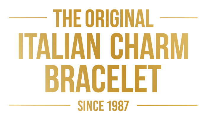 Gold text on a white background advertising 'The Original Italian Charm Bracelet' since 1987.