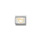 Silver charm with gold heart and crown design on a white background